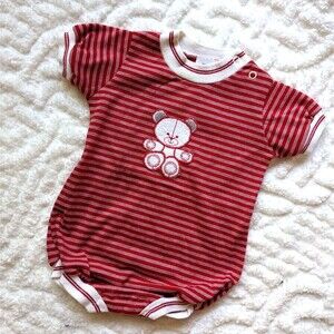 Vintage Health-Tex Red & white Bubble with Bear Applique Boys Romper Sz 18 mo